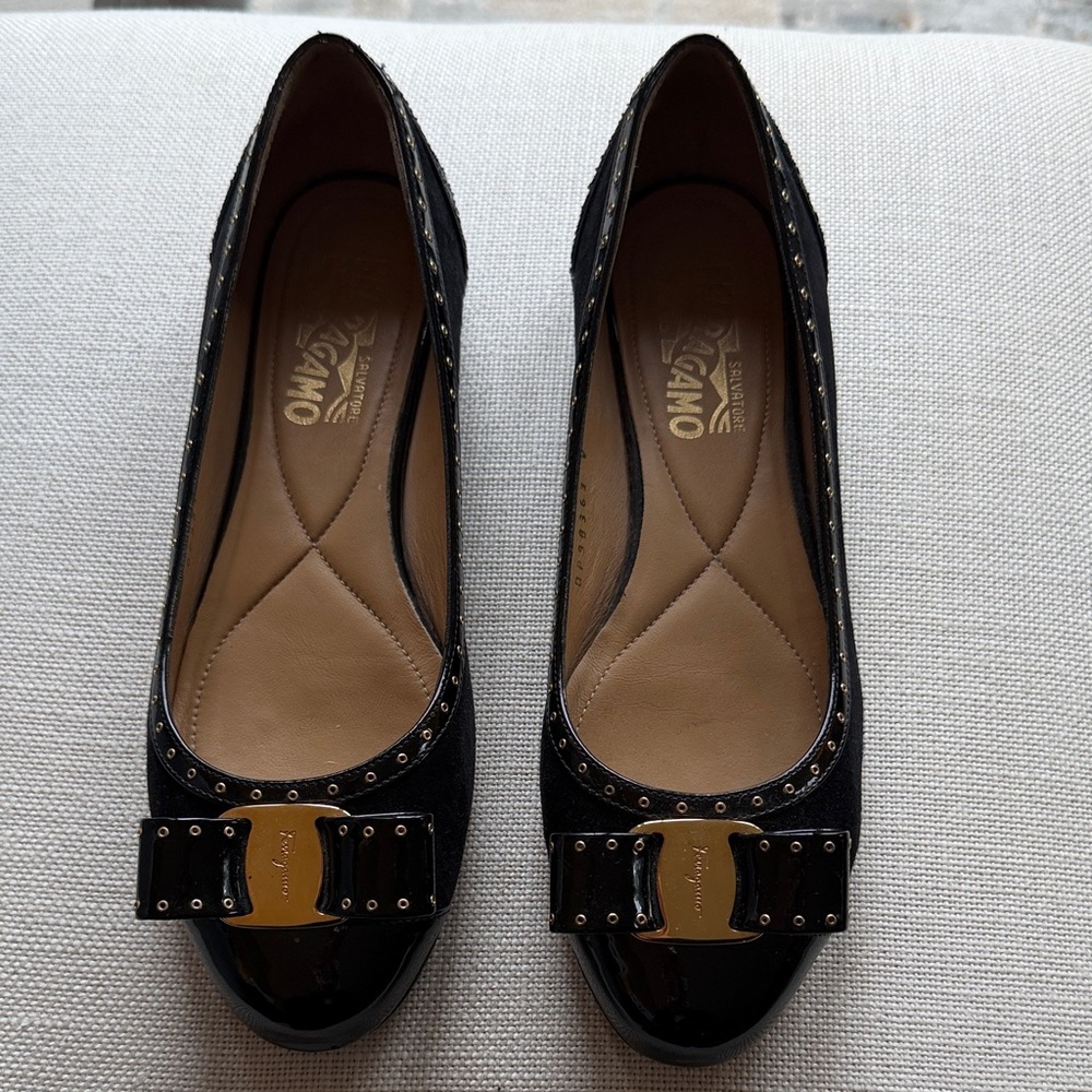 Salvatore Ferragamo Black Flats with Gold Accents and glitter details